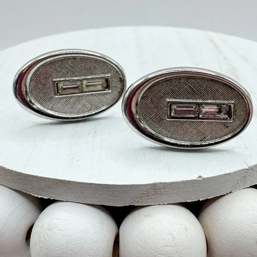 Vintage MCM Mid Century Modern Oval Cufflinks Baguette Rhinestones Silver Tone T